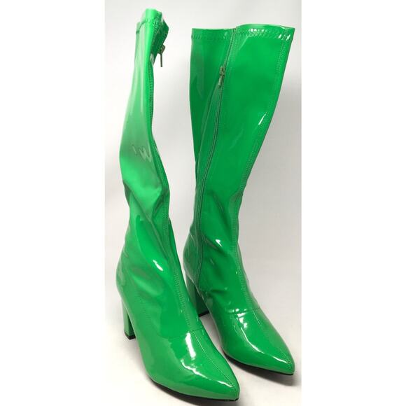 Bold Green Faux Glossy Patent Knee High Chunky Heel Zip Boots Women's Size 9 - Picture 2 of 6